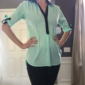 Teal and black collared blouse